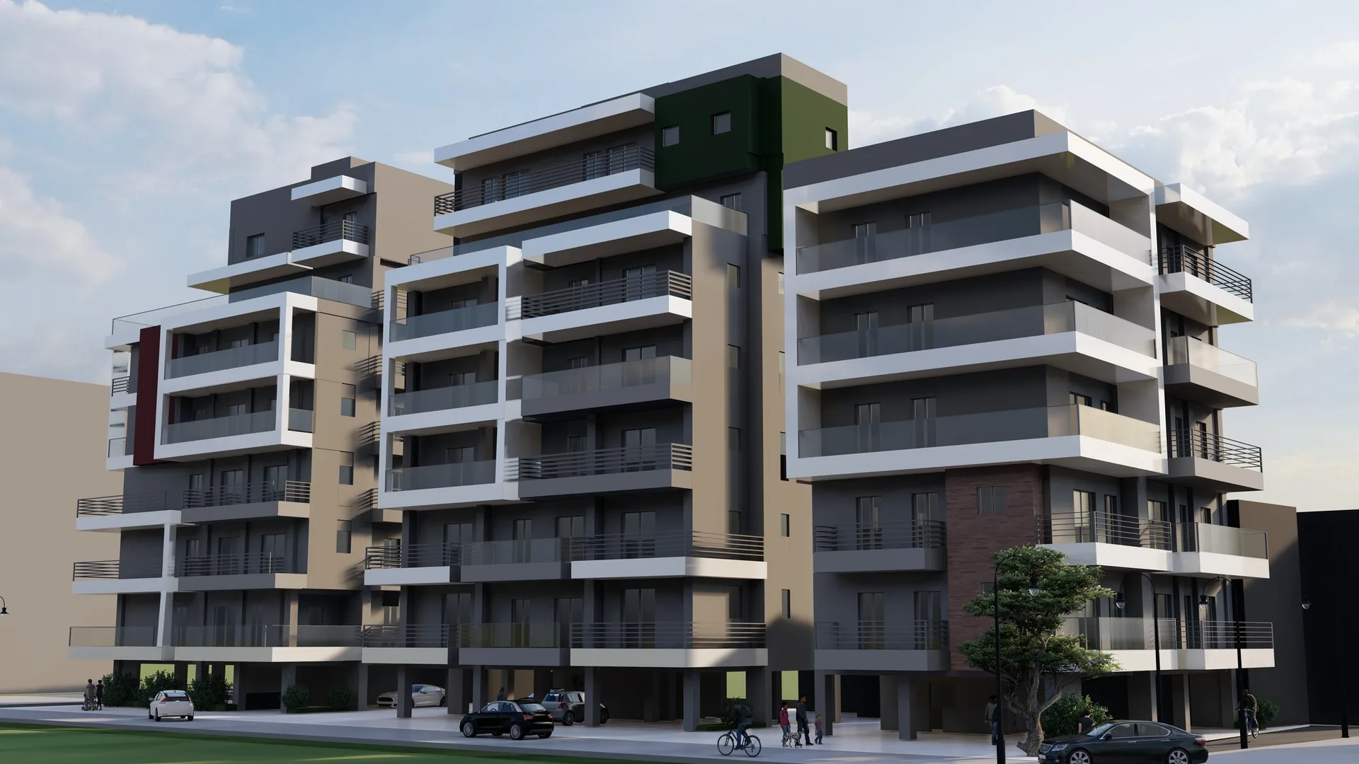 Φωτορεαλιστική απεικόνιση του Center Project: οι όψεις των τριών οικοδομών με τα λευκά περιμετρικά δώματα των εξωστών.